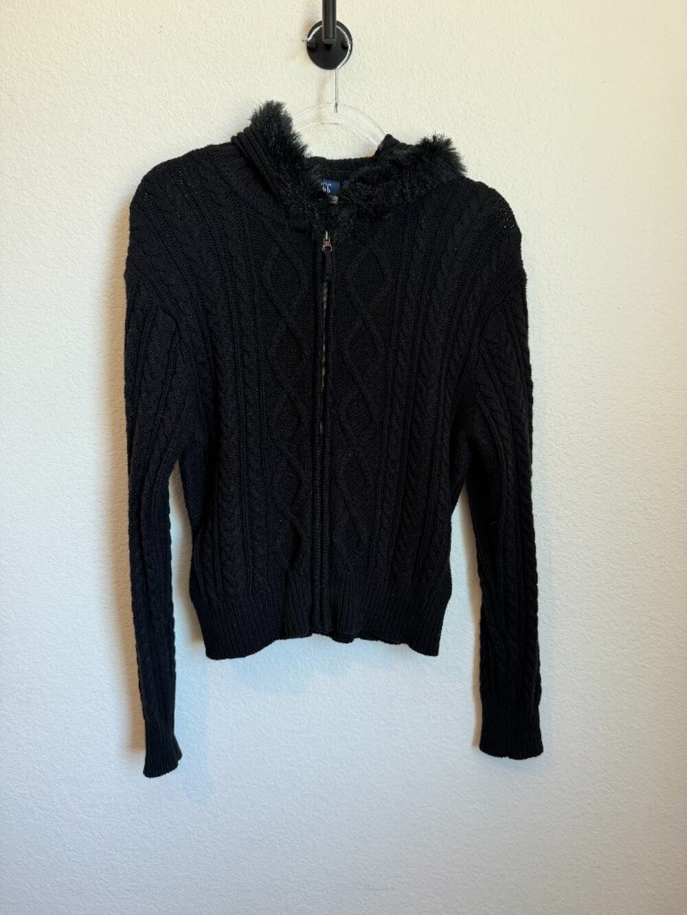 Vintage Y2K DCC Knits Black Cable Knit Hooded Sweater Faux Fur Trim Zip Jacket M - Picture 2 of 6